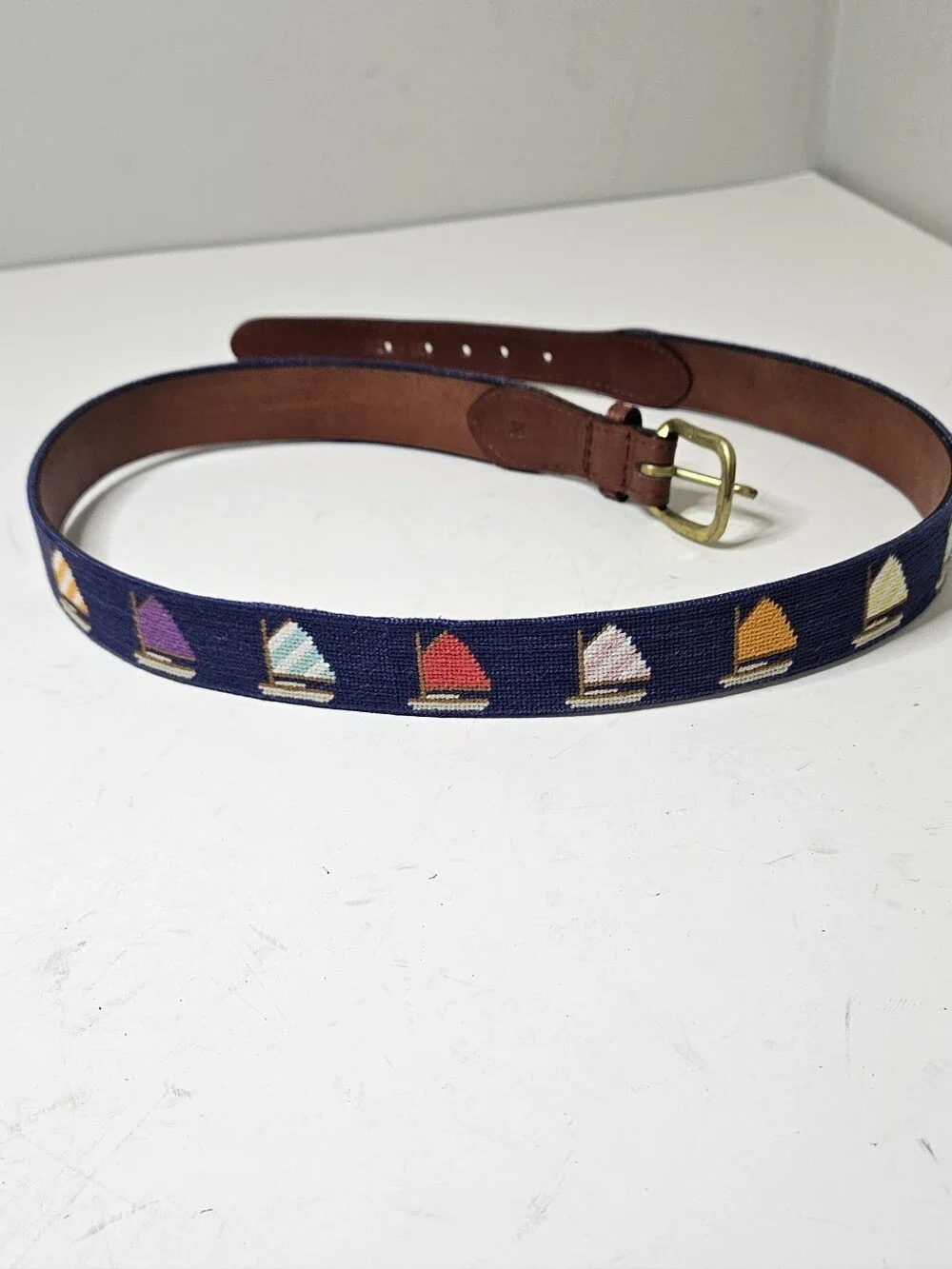 Smathers & Branson Needlepoint Belt Sailboats Navy Blue Multicolored Men's 38